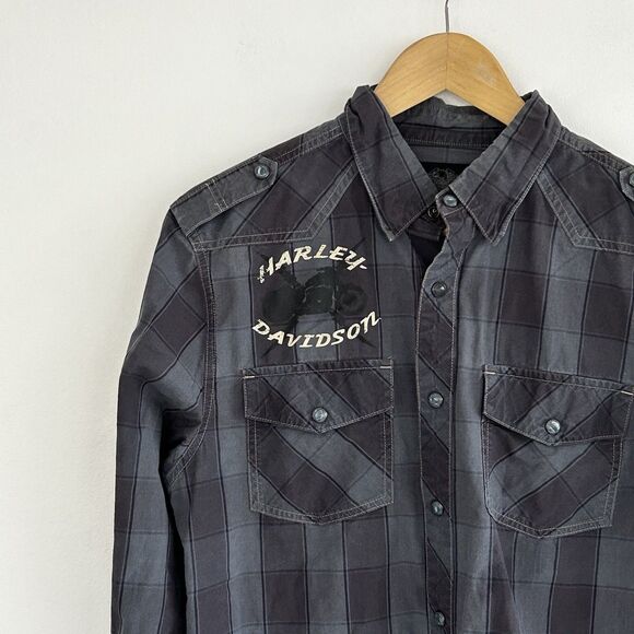 Harley Davidson Snap Front Shirt Size Medium Plaid Logo Full Speed Long Sleeve - Picture 2 of 10
